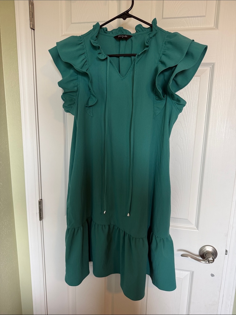 Escalier Scalloped Ruffle Teal Dress with Tie Neck